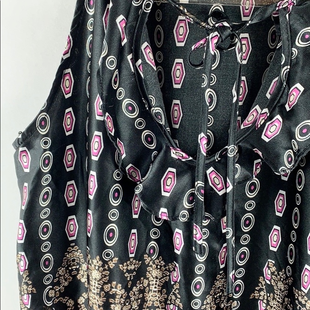 ROMY |💜 Paisley Satin Ruched Sleeveless Ruffle Top - Picture 6 of 8